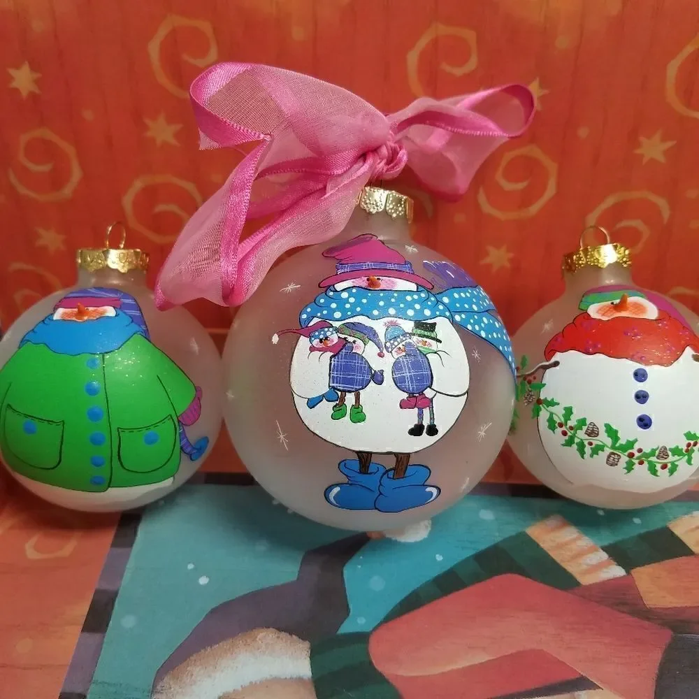 Set of 3  Hand painted 3D snowman ornaments. Aprox 8